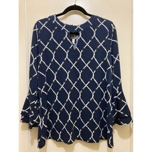 Charter Club Top Womens L Blue Equestrian Belt Print Bell Sleeve Keyhole Stretch